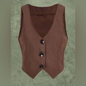 NEW-Romwe Fairycore Striped Print Button Front Vest Jacket. Coffee Brown